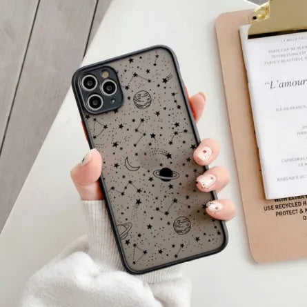 Clear mobile phone case with black frame and integrated screen cover for iPhone, showing blue light filter feature.