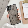 Clear mobile phone case with black frame and integrated screen cover for iPhone, showing blue light filter feature.