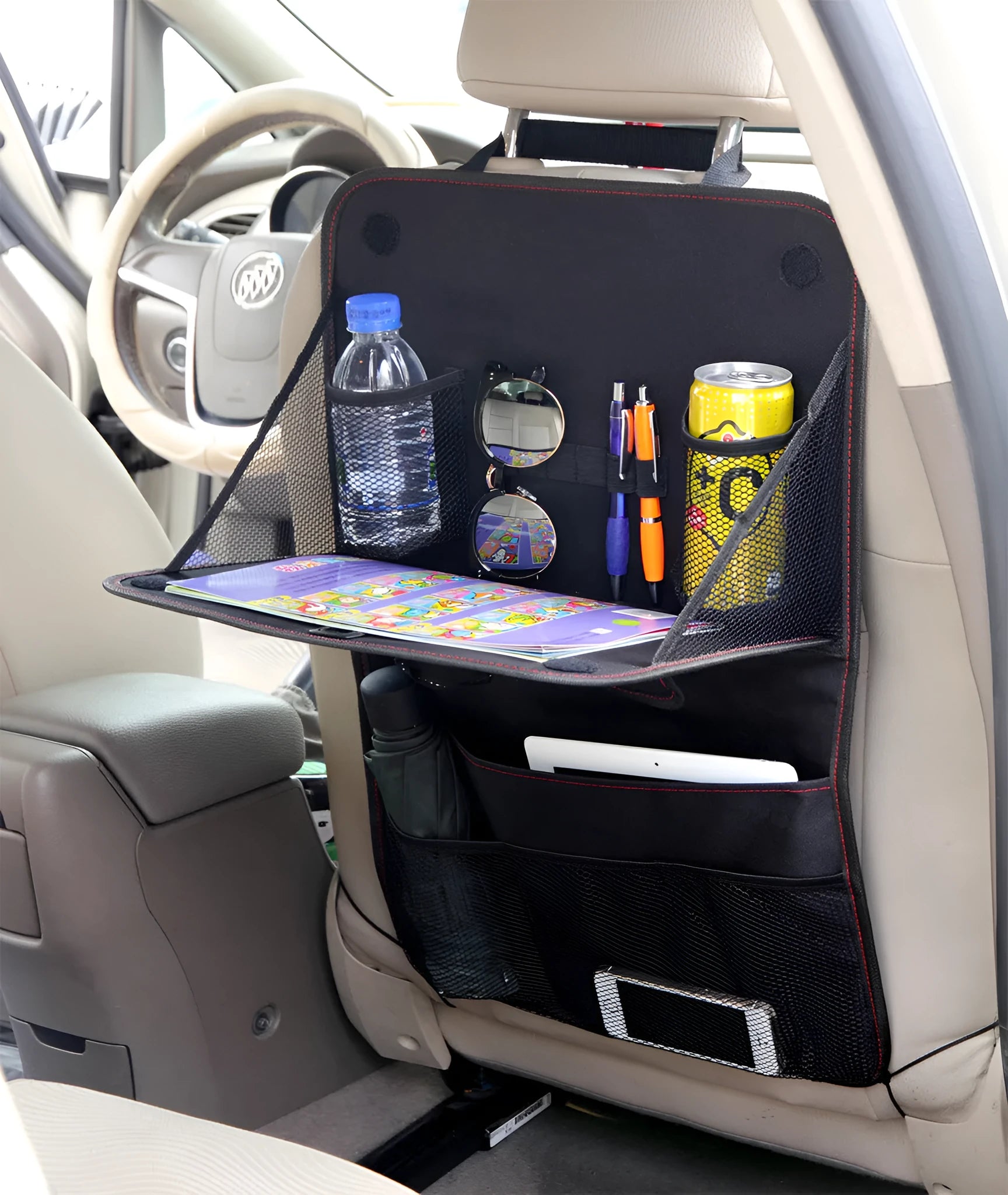 Car seat back storage bag in black Oxford cloth with multi-pockets, hanging on car seat back, 38x60cm