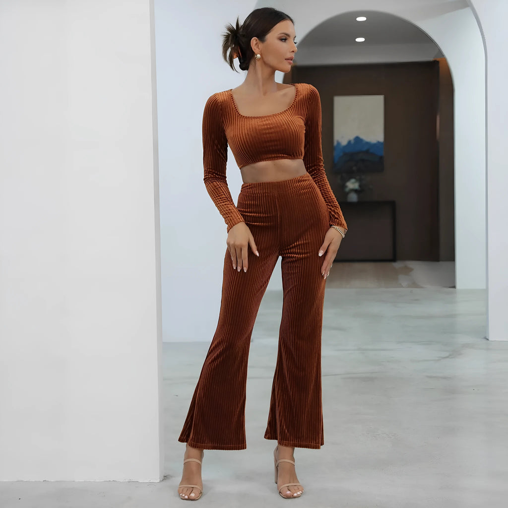 Women's caramel coloured long sleeve sweater and matching trousers casual set