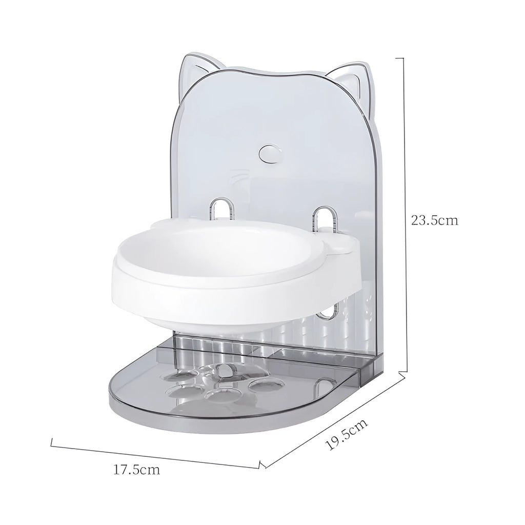 Grey adjustable cat feeding bowl with removable anti-spill ears and hanging cage