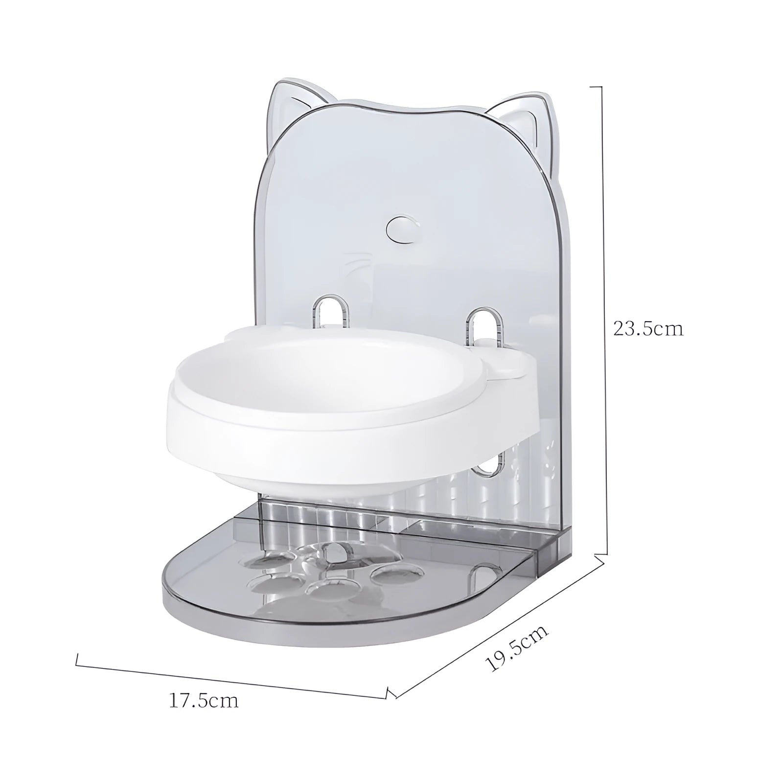 Grey adjustable cat feeding bowl with removable anti-spill ears and hanging cage