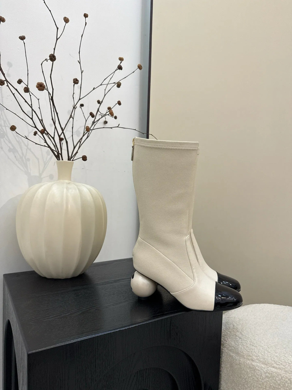 Women's chunky heel ankle boots in apricot with round toe, back zipper, and sheepskin lining