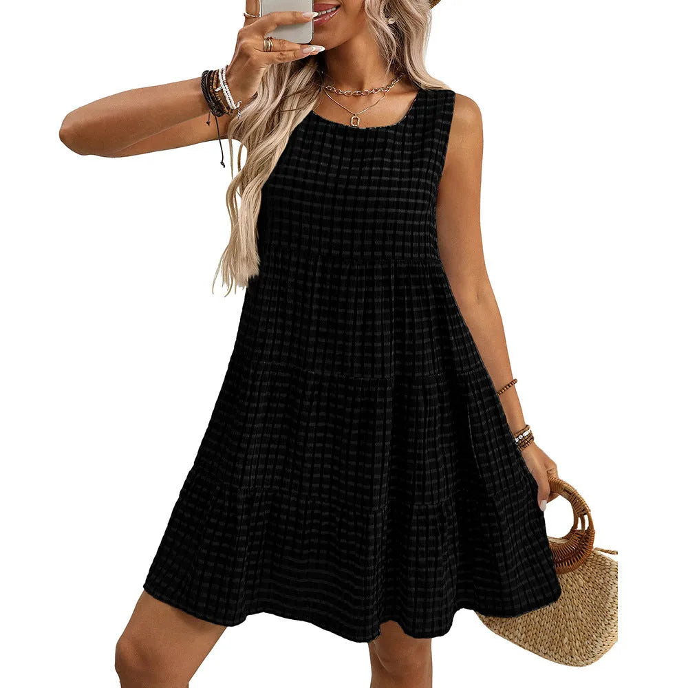 Women's light blue sleeveless plaid dress with a high waist and loose swing skirt on a hanger.
