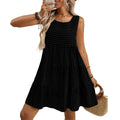 Women's light blue sleeveless plaid dress with a high waist and loose swing skirt on a hanger.