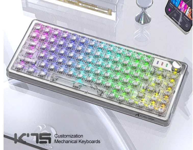 Attack Shark K75RGB white transparent wireless mechanical keyboard with RGB lighting on a desk