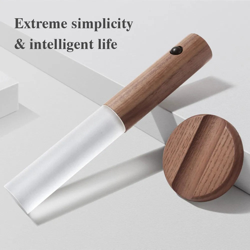 Auto LED USB magnetic wood night light with PIR motion sensor on wall, warm light