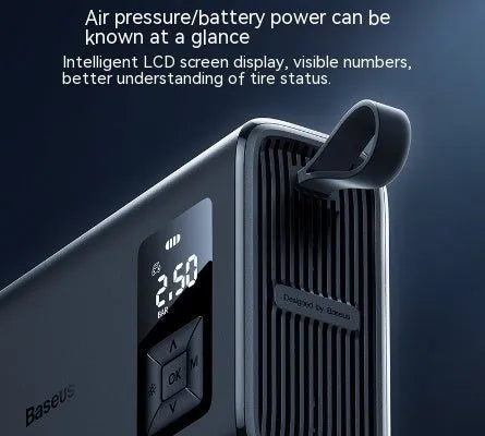 Black portable car tyre inflator with LED light display showing 6000mAh battery capacity