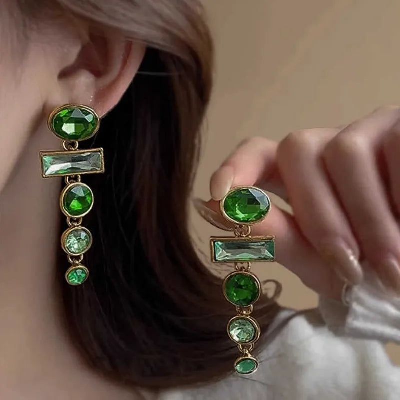 Green gradient geometric Chinese style alloy earrings with zircon studs and tassel pendant