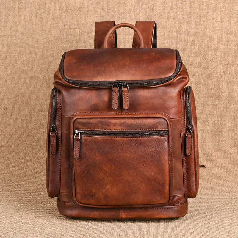 Genuine retro double-layer cowhide backpack for men, light brown, 14-inch size, patchwork style