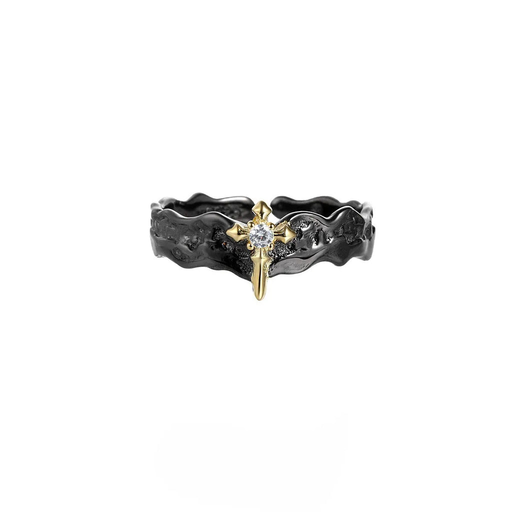 Adjustable opening silver ring with princess knight couple minority design in white gold or black gold colour