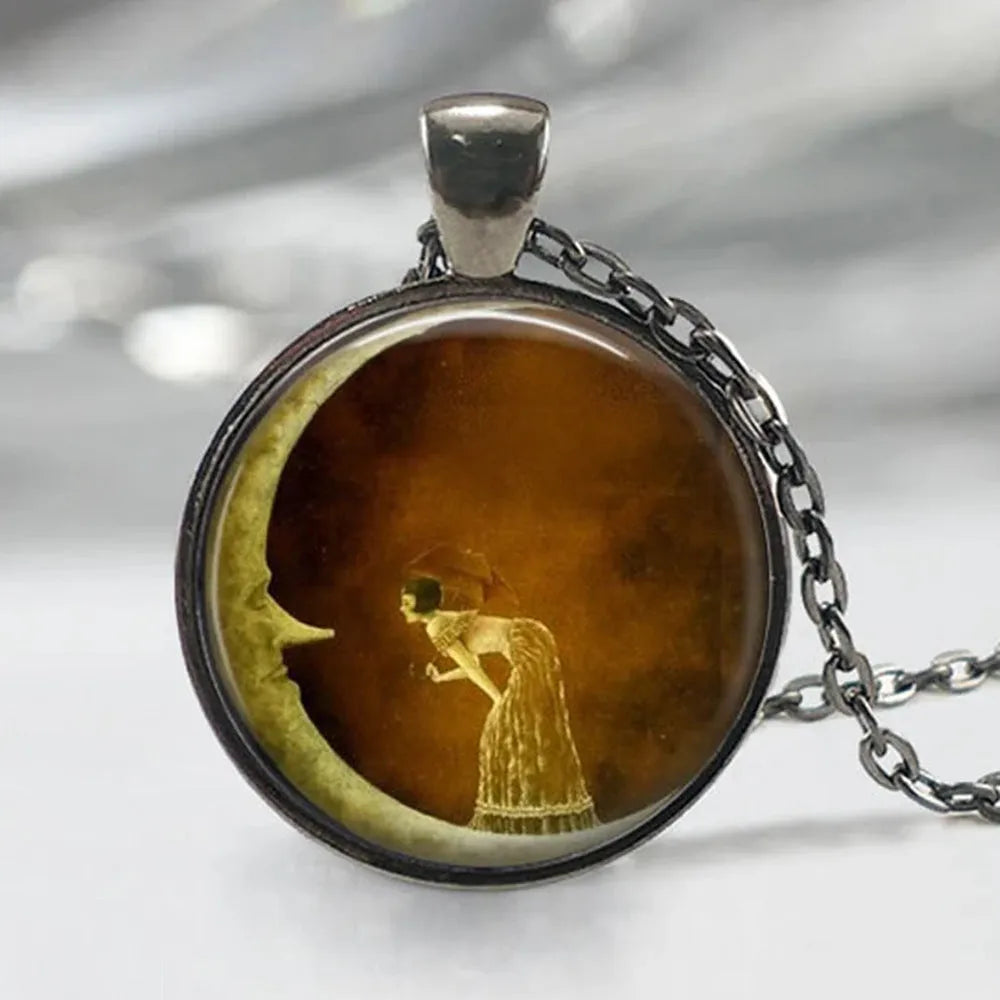 Moon Girl glass pendant necklace with time gem cabochon, alloy cross chain, silver or bronze, 51-60cm perimeter