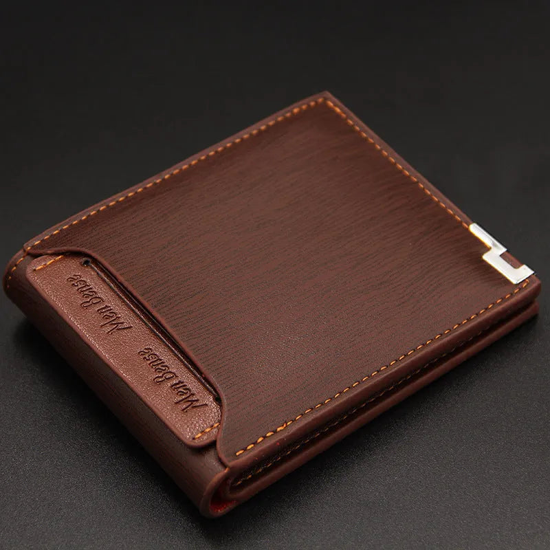 Men's casual short wallet in PU with iron-edge card-picking design, shown in black, dark coffee, and light coffee.