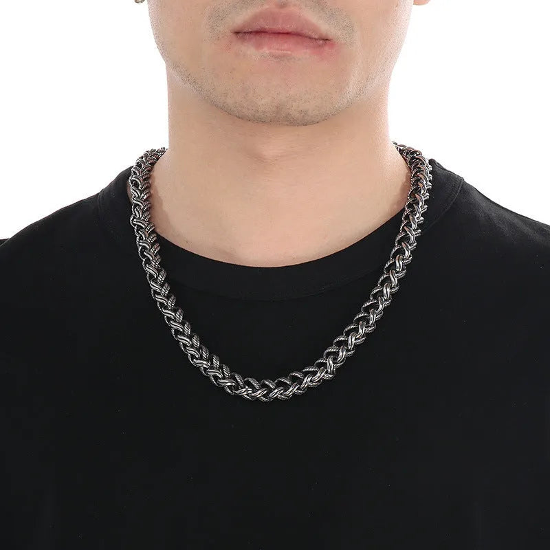 Men's titanium steel keel chain necklace with geometric pendant in antique silver finish.
