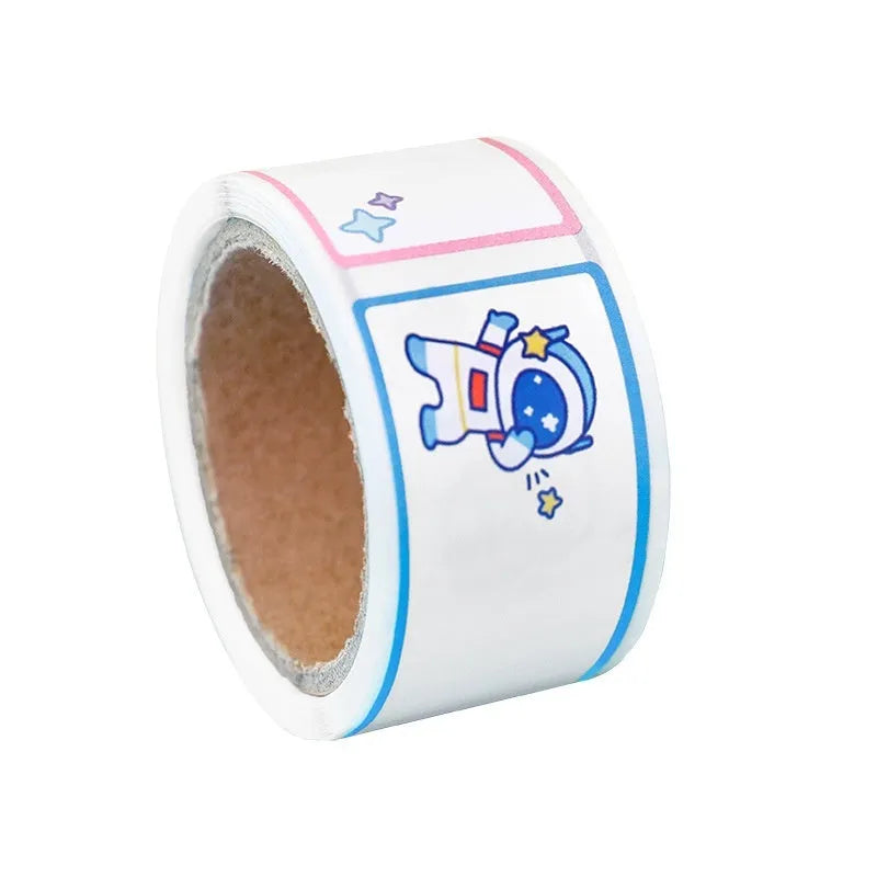 Roll of cartoon name stickers showing dinosaur, astronaut, rabbit, and girl designs.