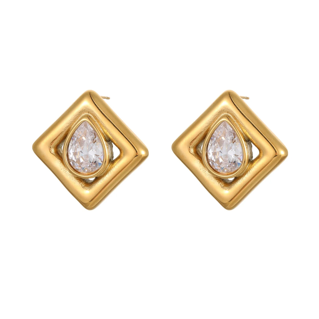 Gold geometric stud earrings with water drop zircon detail on stainless steel