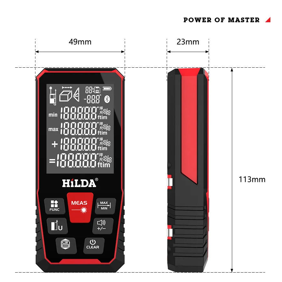 A handheld laser rangefinder with a plastics housing for distance measurement up to 120 metres.