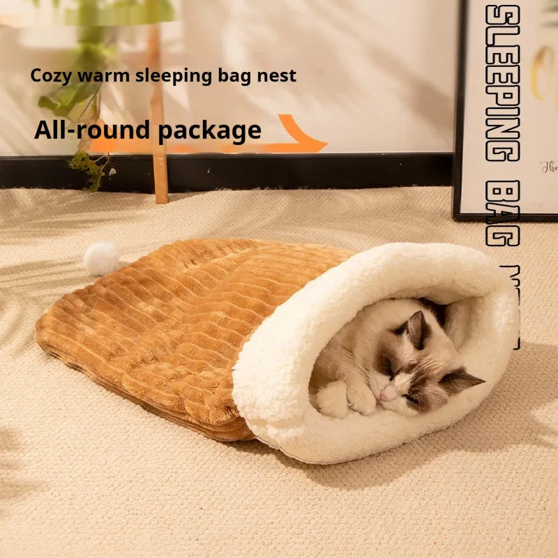 Flannel cat sleeping bag nest in blue rabbit design, measuring 50x40 cm