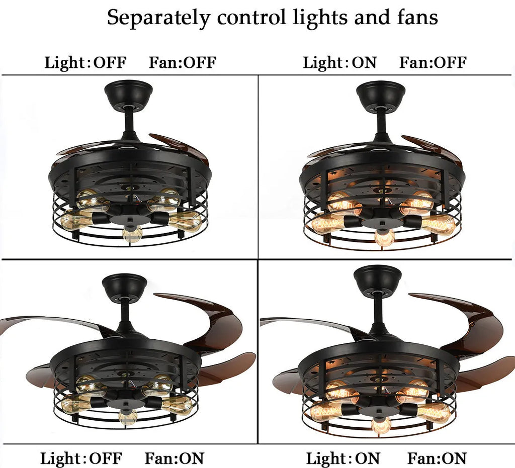 42-inch American retro style ceiling fan light with acrylic blades and shade, remote control included.