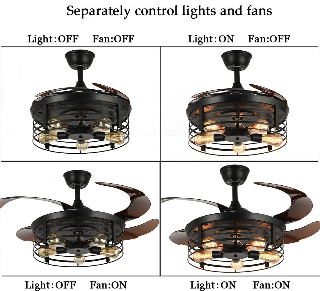 42-inch American retro style ceiling fan light with acrylic blades and shade, remote control included.
