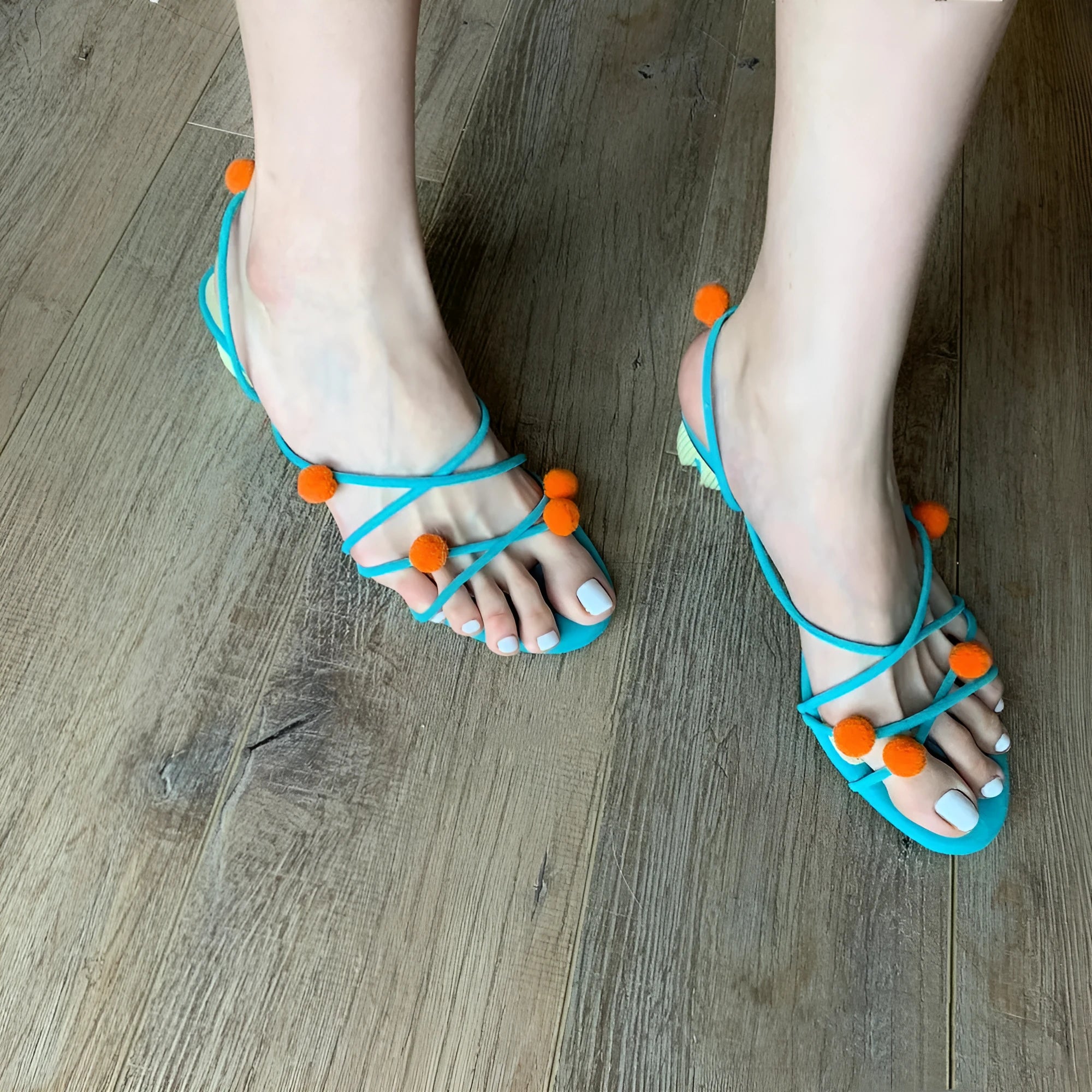 Cyan leather lace-up high-heeled sandals with open toe and thin strap design