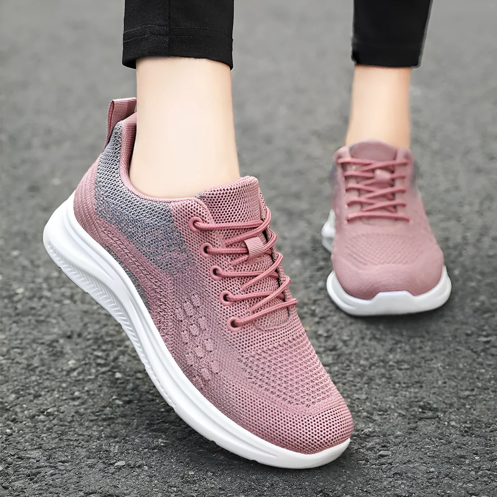 Women's lace-up sneakers in breathable mesh cloth, solid colour, round toe, PVC sole