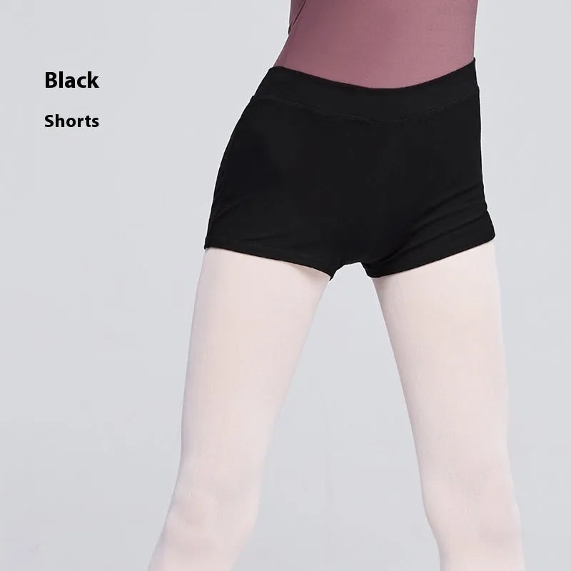 Black cotton ballet practice shorts for women in solid colour with sizing options
