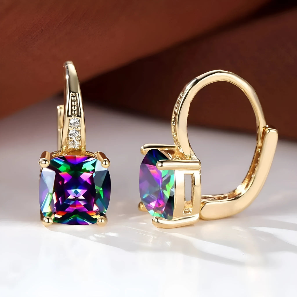 Square geometric moissanite ear clips with colourful stone inlay and electroplated finish