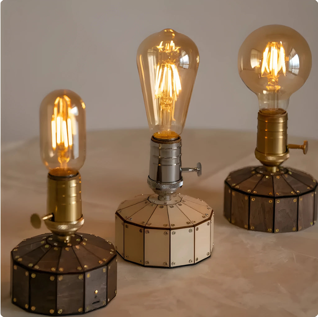 Retro desk lamp with glass shade on wooden base, USB rechargeable for bedside or living room