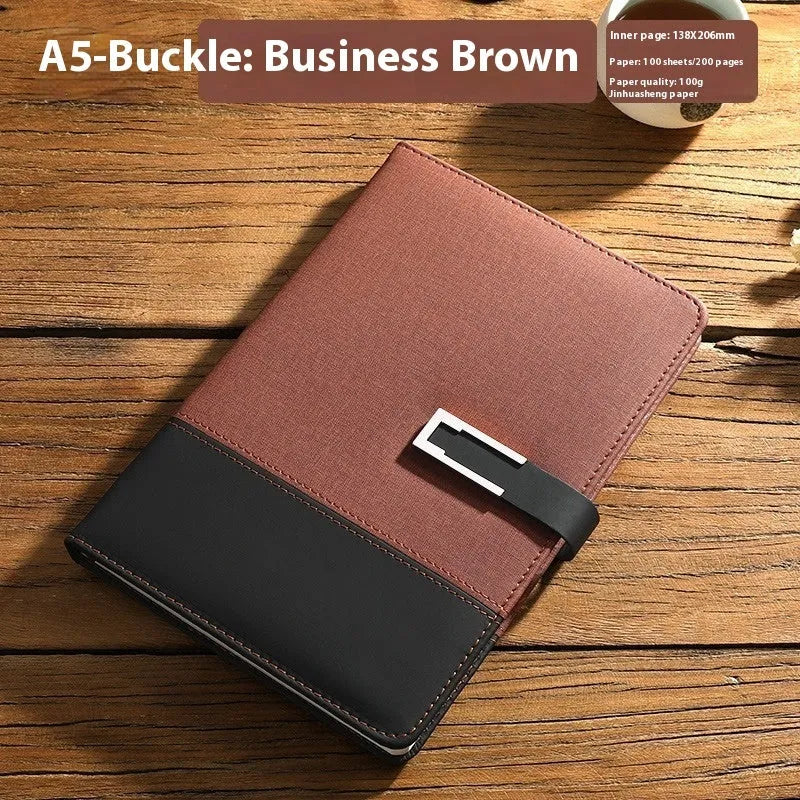 A5 soft PU leather notebook in brown, black, green, blue, or red, showing wood-free paper inside.