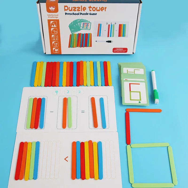 Children's wooden counting sticks math toy in colour box with colourful arithmetic rods