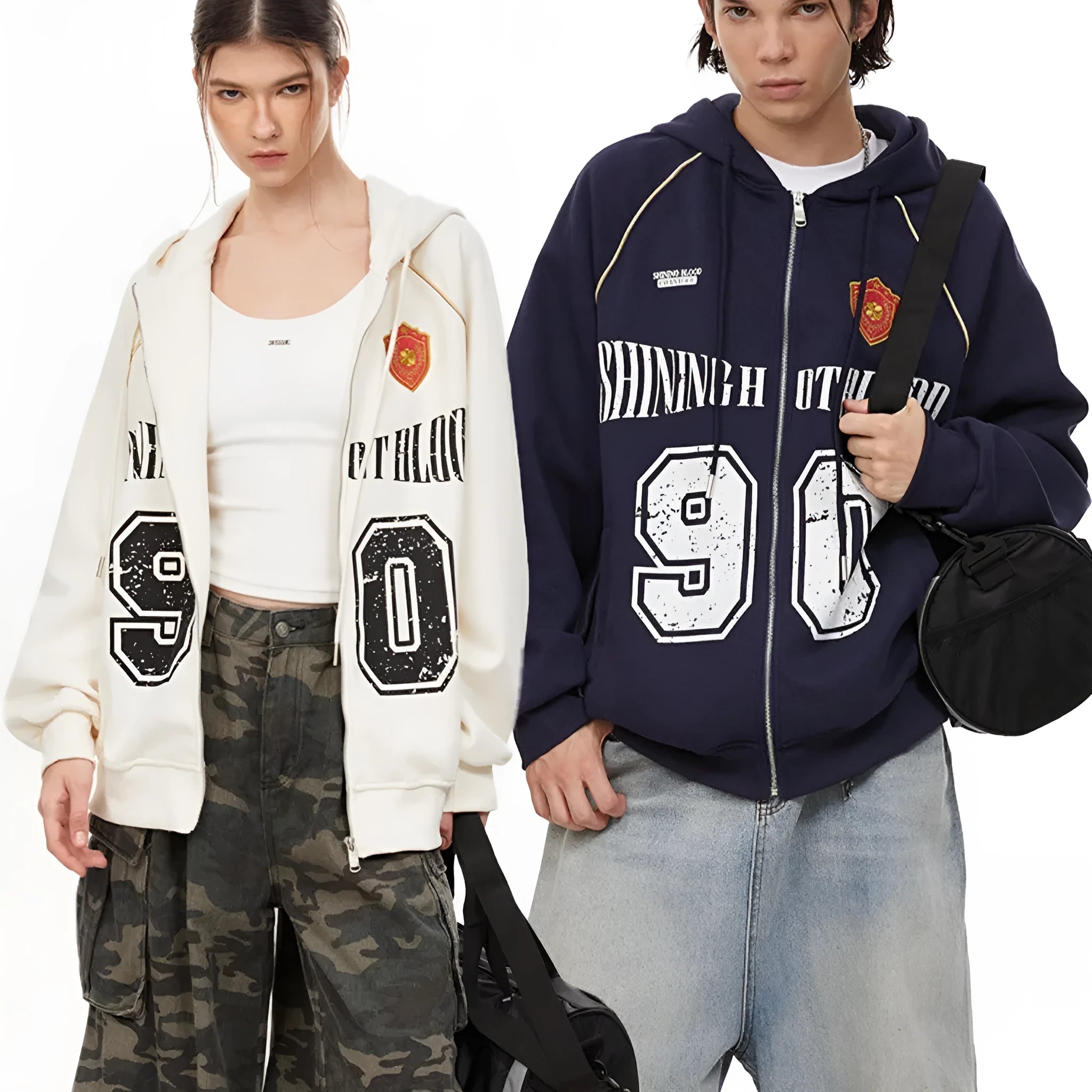Women's loose American retro style hooded jacket with letter embroidery in cotton blend fabric