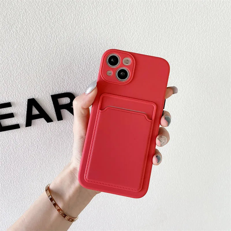 Sky blue colour-block silicone iPhone case with card slot for models 13 to 17