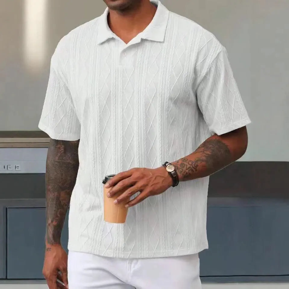 Retro button lapel short sleeve t-shirt in cotton blend fabric showing side slit detailing