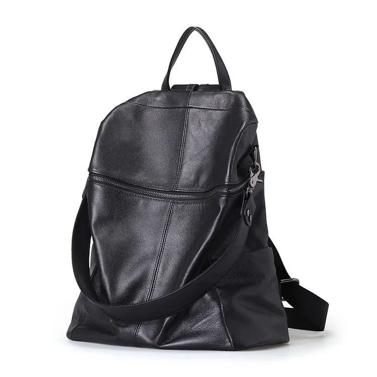 Genuine leather women's retro backpack showing multiple compartments and European-American styling