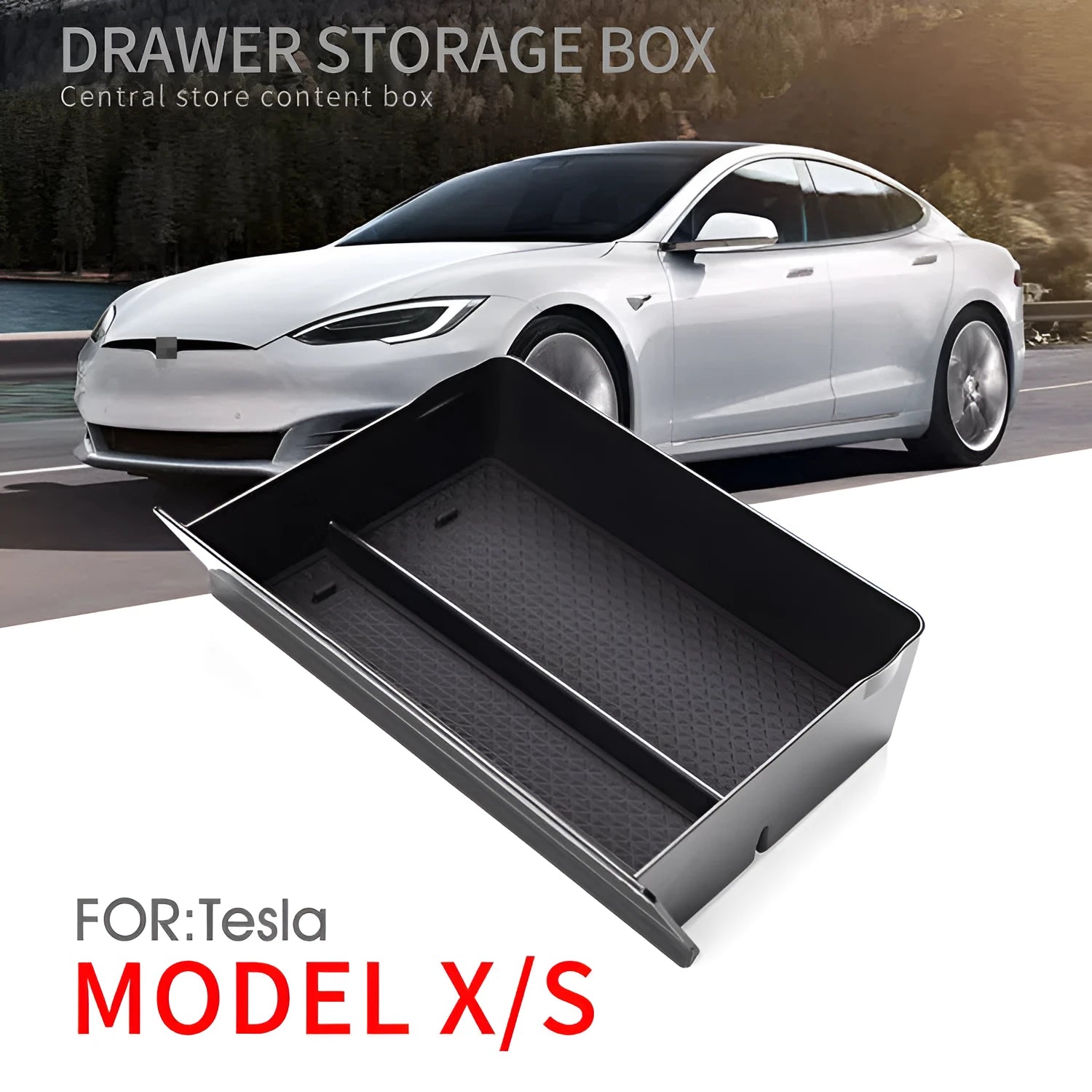Black plastic car central storage grid drawer box for Tesla, 26x19x6.5cm, waterproof organiser