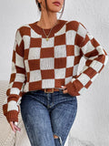Dark brown plaid pattern acrylic pullover sweater with loose round neck and long sleeves
