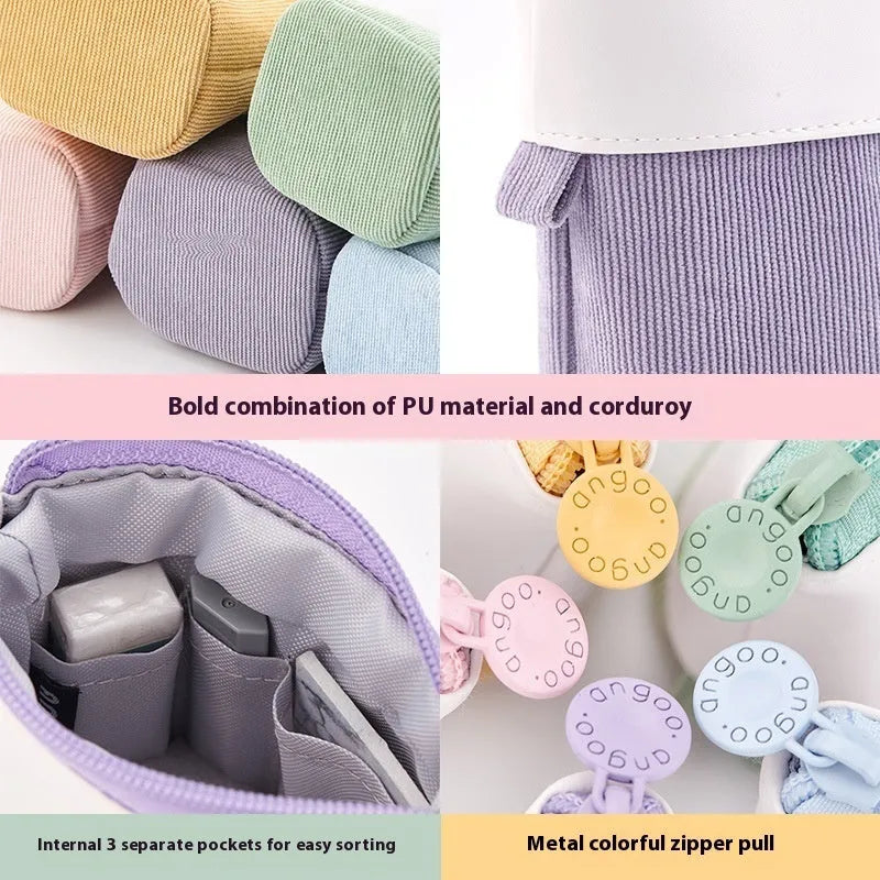 Telescopic drop-down stationery case in purple corduroy with cotton and linen interior
