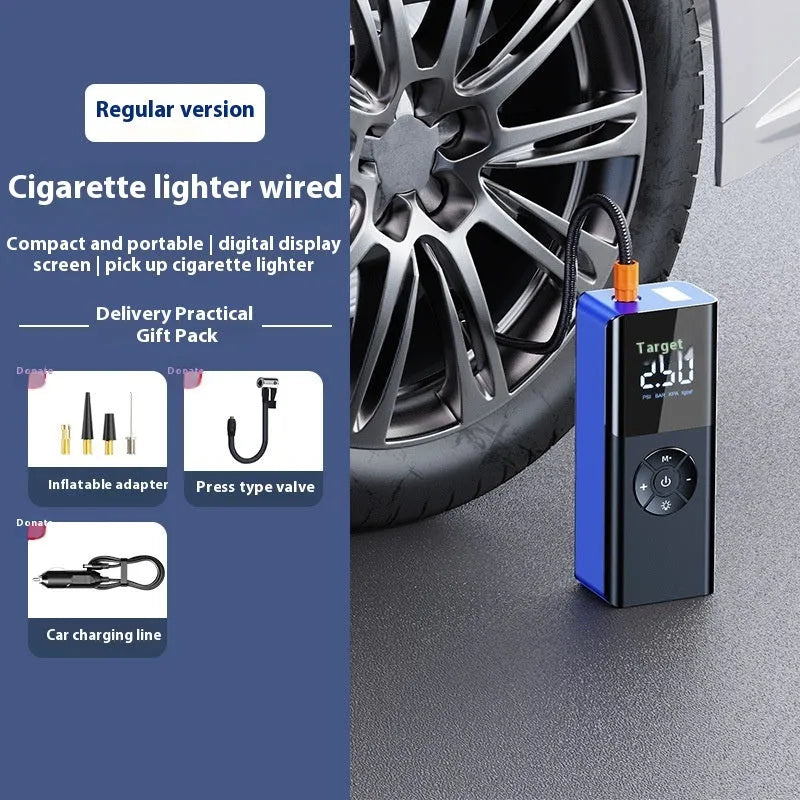 Blue wireless portable car tyre inflator with digital display and LED light on dark background