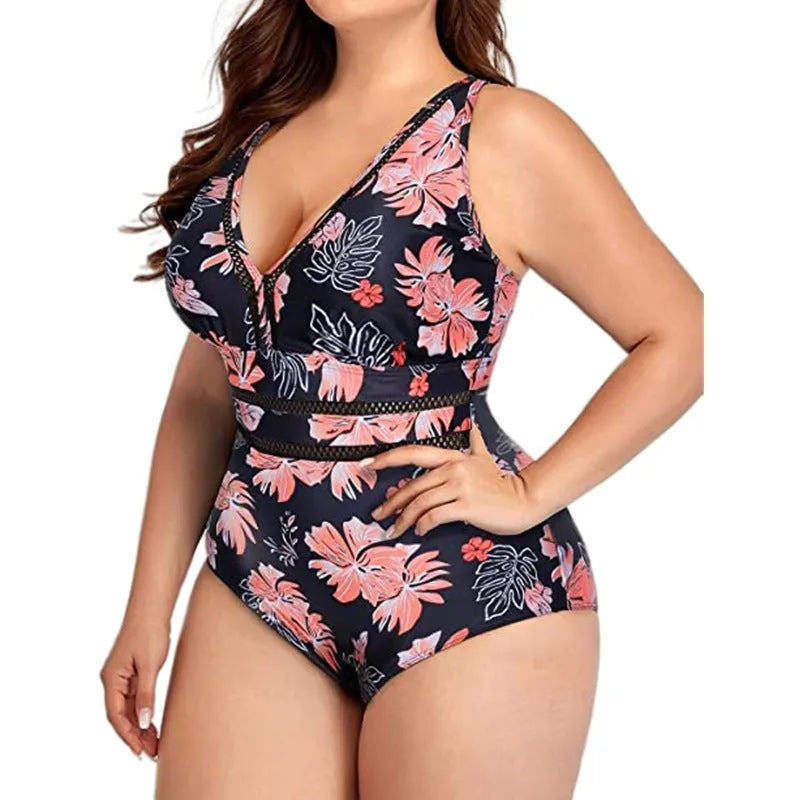 Black plus size women's bikini swimsuit with mesh stitching and print design in sizes S to 5XL