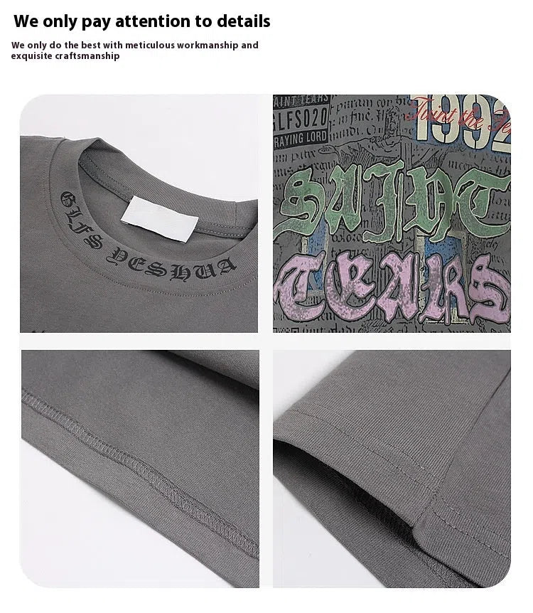 American retro graffiti letter print short sleeve t-shirt in pure cotton loose fit gray