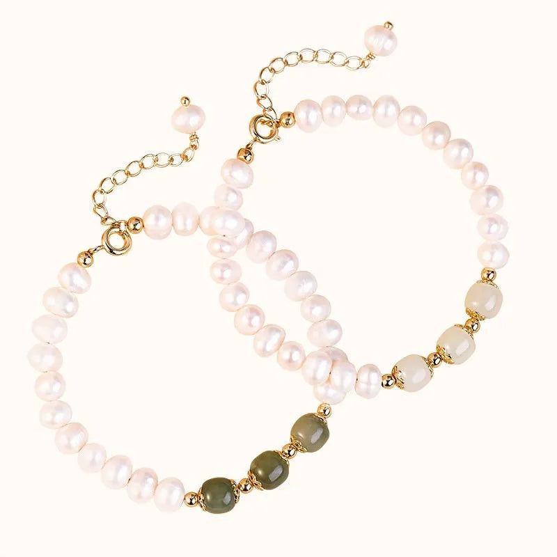 Diamond-shaped freshwater pearl bracelet in Hetian jade colour with Korean-style design