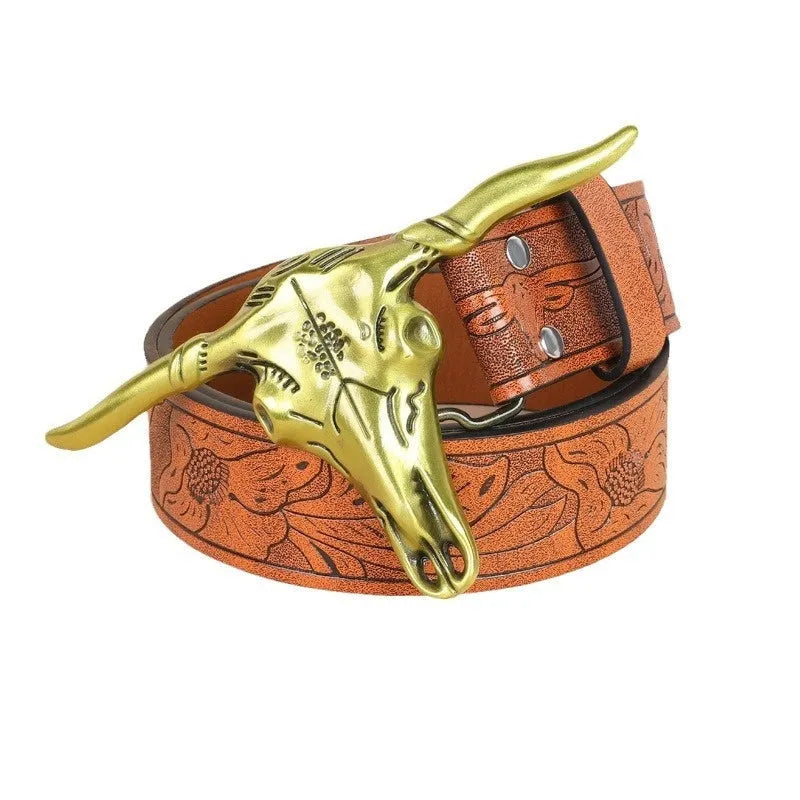 Men's imitation leather belt with decorative alloy cow head buckle in black or brown colours