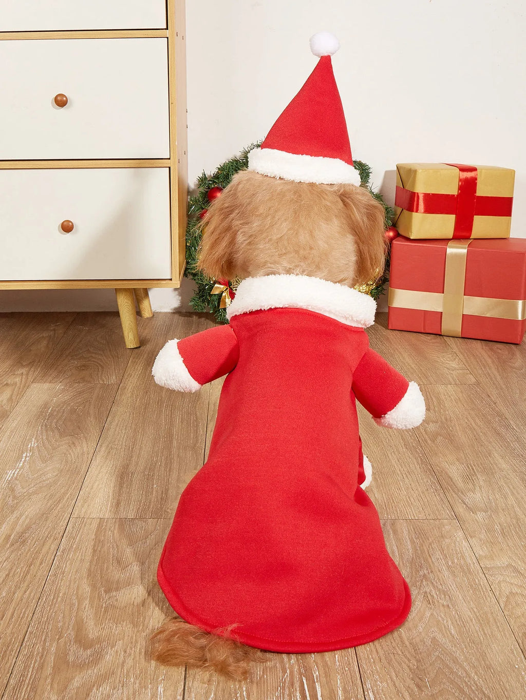 Red Christmas pet costume with cap for small dogs, polyester cartoon style, sizes XS to XL