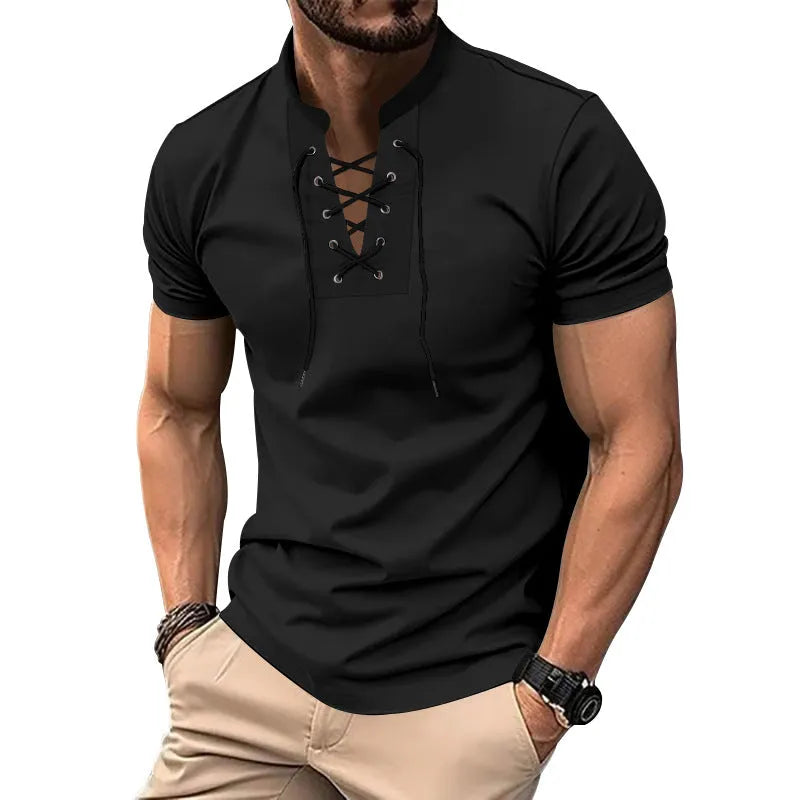 Men's loose fit V-neck V-tie short sleeve polyester T-shirt in solid colour, front view