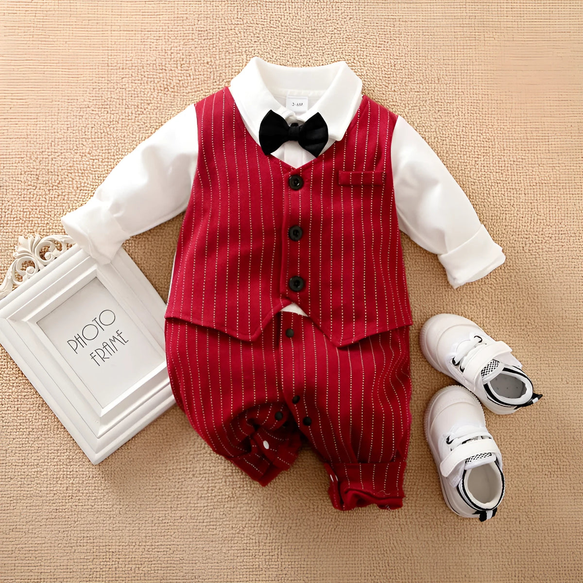 Baby boy gentleman-style long sleeve cotton jumpsuit in wine red, suitable for autumn and spring.