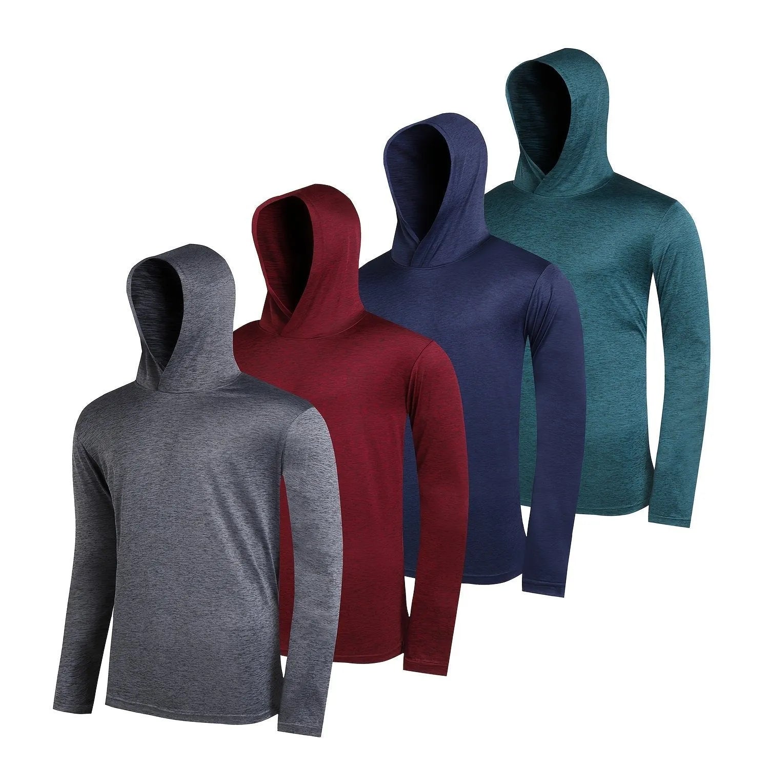 Pack of four men's lightweight polyester hoodies in various colours, showing hooded and non-hooded style options.