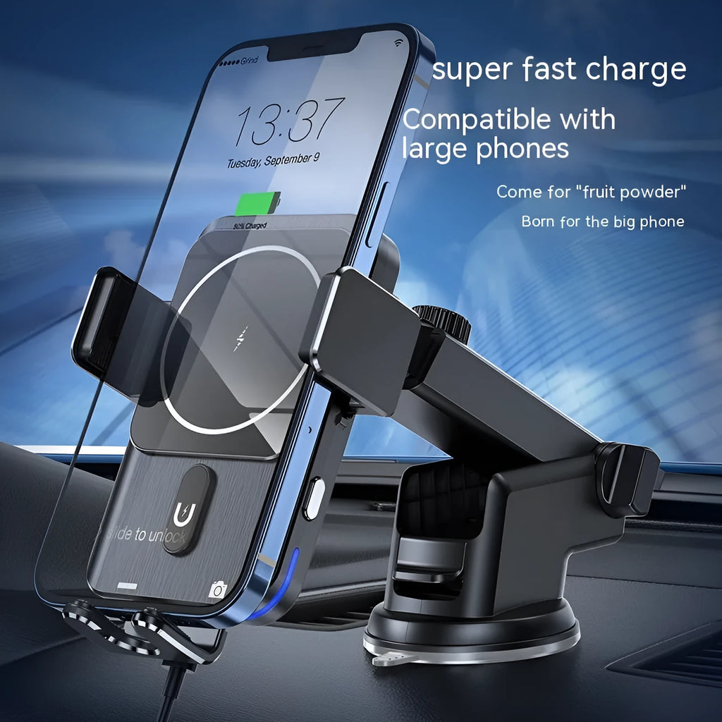 Black car wireless charger phone holder with 15W charging mounted on dashboard