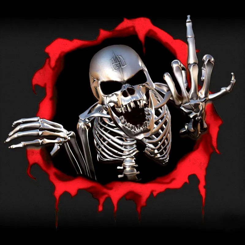 Colourful broken shell pattern reflective car sticker with metal skull design measuring 15cm by 14cm