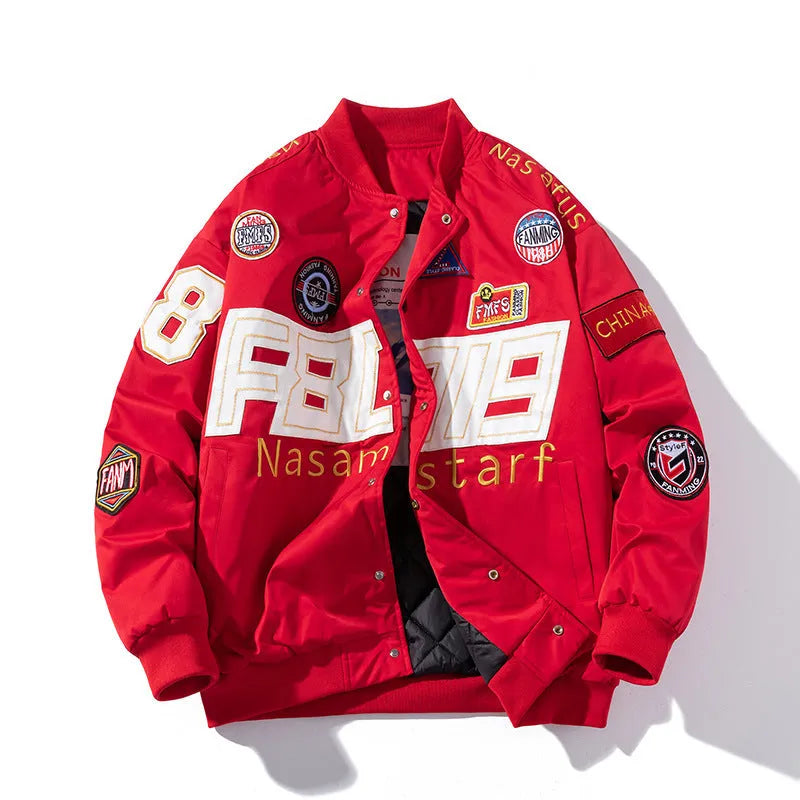Men's thick motorcycle jacket racing suit with embroidered baseball design in black, blue, and red colours